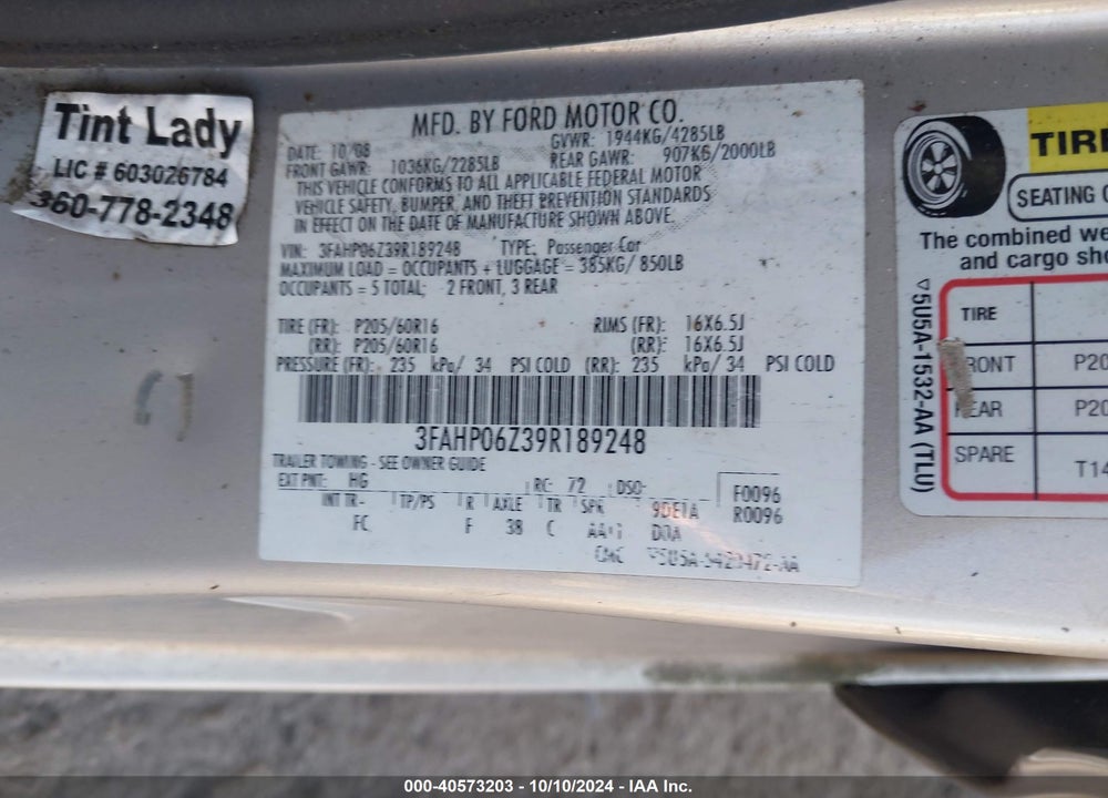 2009 FORD FUSION S VIN: 3FAHP06Z39R189248