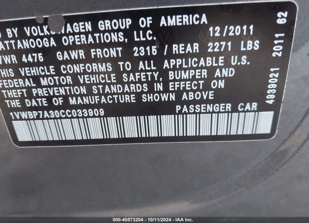2012 VOLKSWAGEN PASSAT 2.5L SE VIN: 1VWBP7A30CC033909