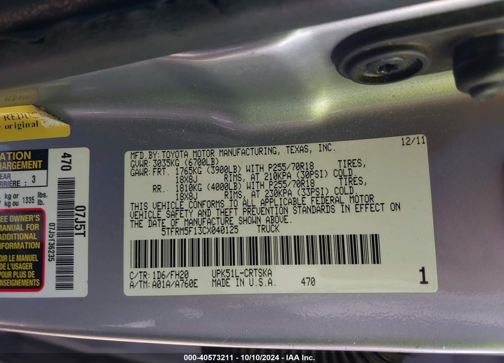 2012 TOYOTA TUNDRA VIN: 5TFRM5F13CX040125