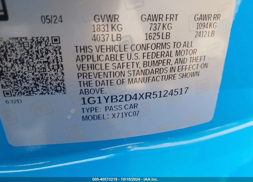 2024 CHEVROLET CORVETTE STINGRAY VIN: 1G1YB2D4XR5124517