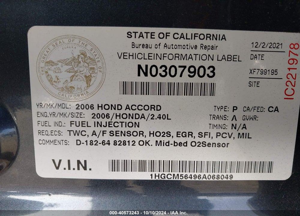 2006 HONDA ACCORD 2.4 LX VIN: 1HGCM56496A068049