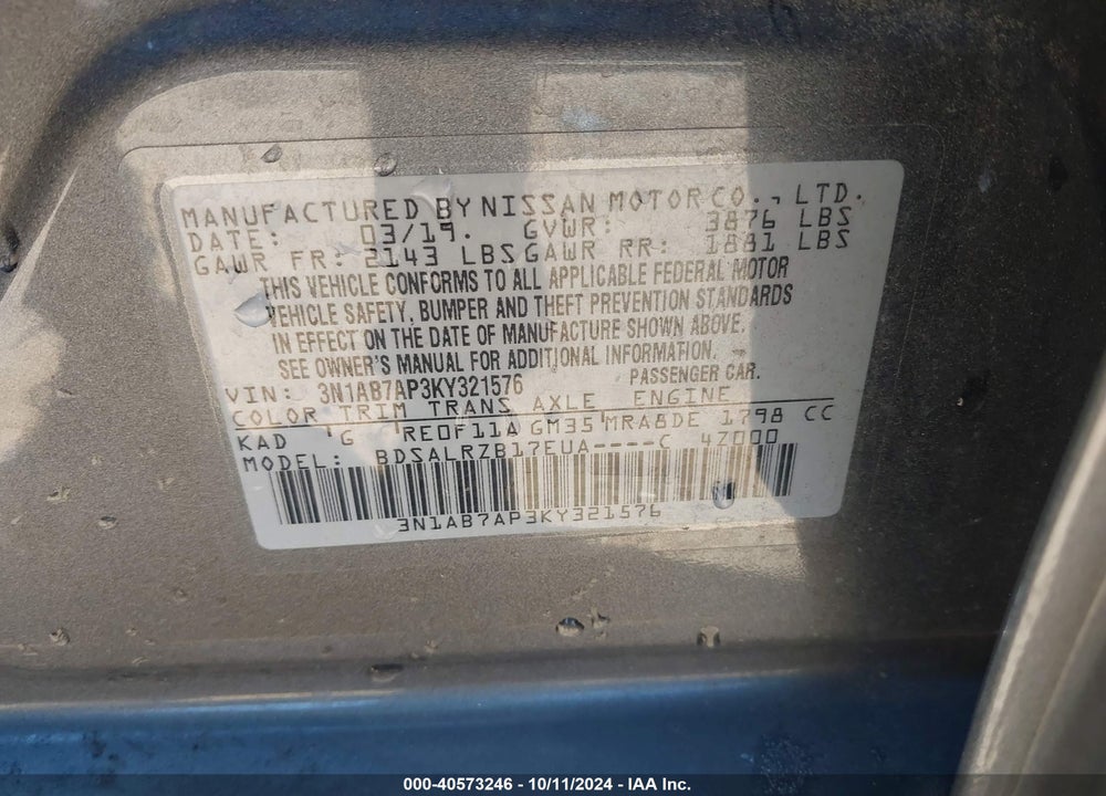 2019 NISSAN SENTRA SR VIN: 3N1AB7AP3KY321576
