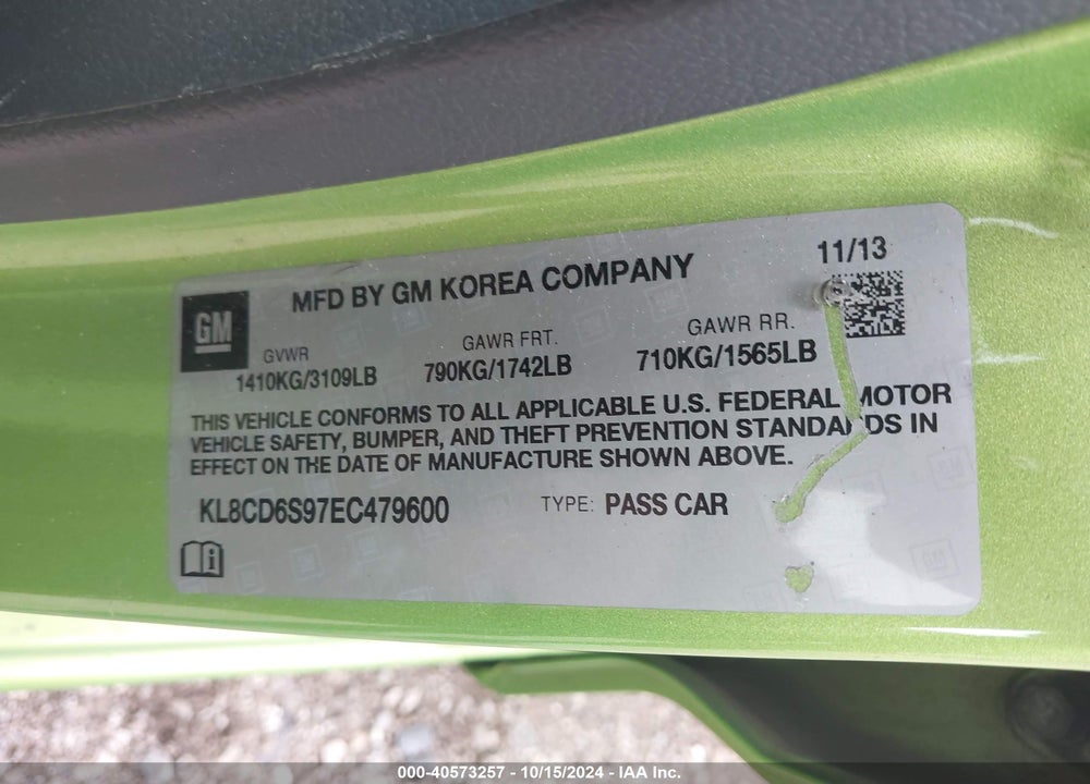 2014 CHEVROLET SPARK 1LT AUTO VIN: KL8CD6S97EC479600