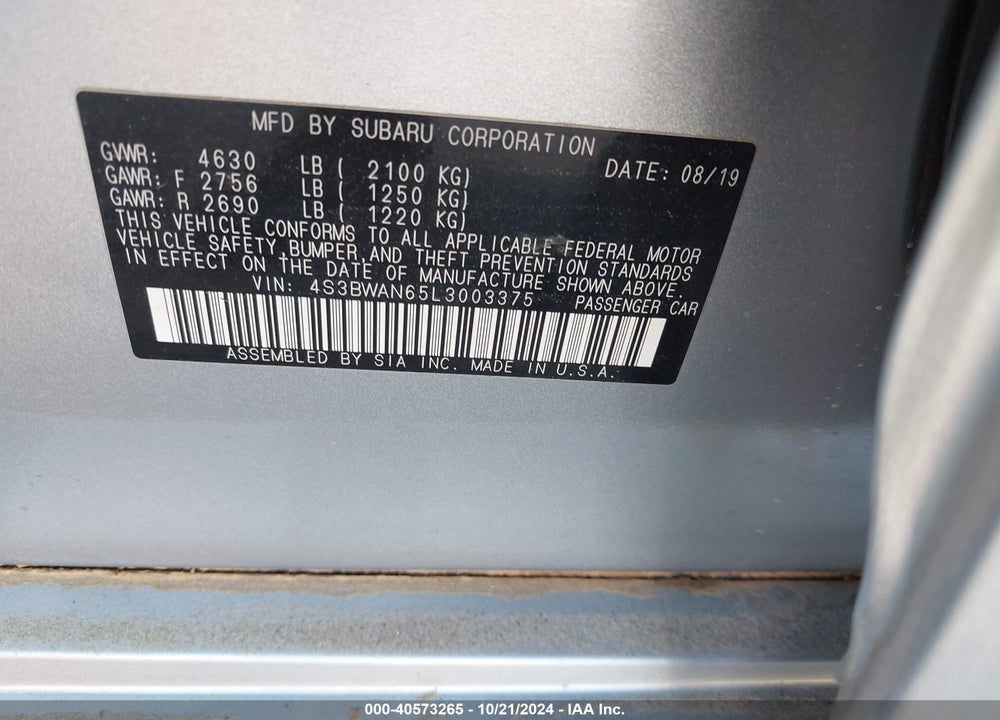 2020 SUBARU LEGACY LIMITED VIN: 4S3BWAN65L3003375