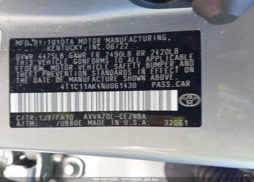 2022 TOYOTA CAMRY LE VIN: 4T1C11AK4NU061430