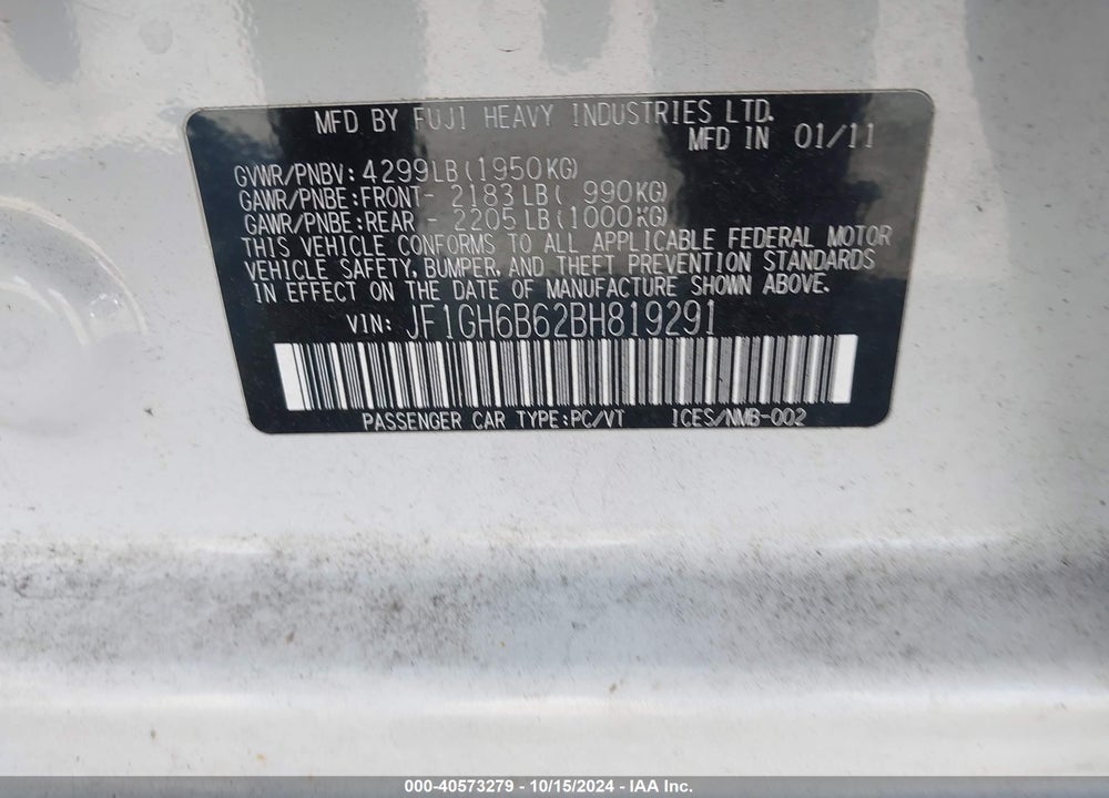 2011 SUBARU IMPREZA 2.5I PREMIUM VIN: JF1GH6B62BH819291