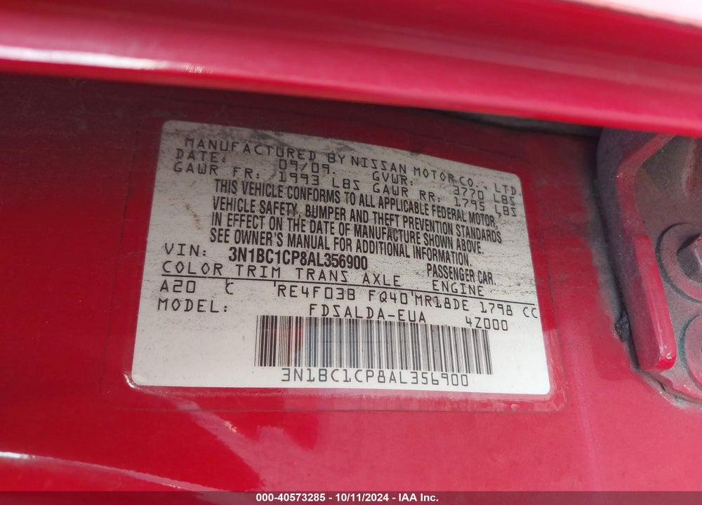 2010 NISSAN VERSA 1.8S VIN: 3N1BC1CP8AL356900