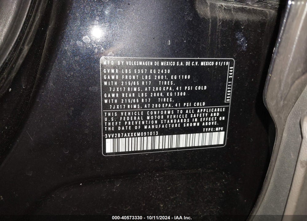 2019 VOLKSWAGEN TIGUAN 2.0T SE/2.0T SEL/2.0T SEL R-LINE/2.0T SEL R-LINE BLACK VIN: 3VV2B7AXXKM091013
