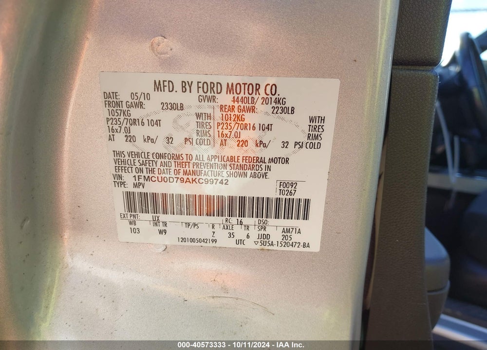 2010 FORD ESCAPE XLT VIN: 1FMCU0D79AKC99742