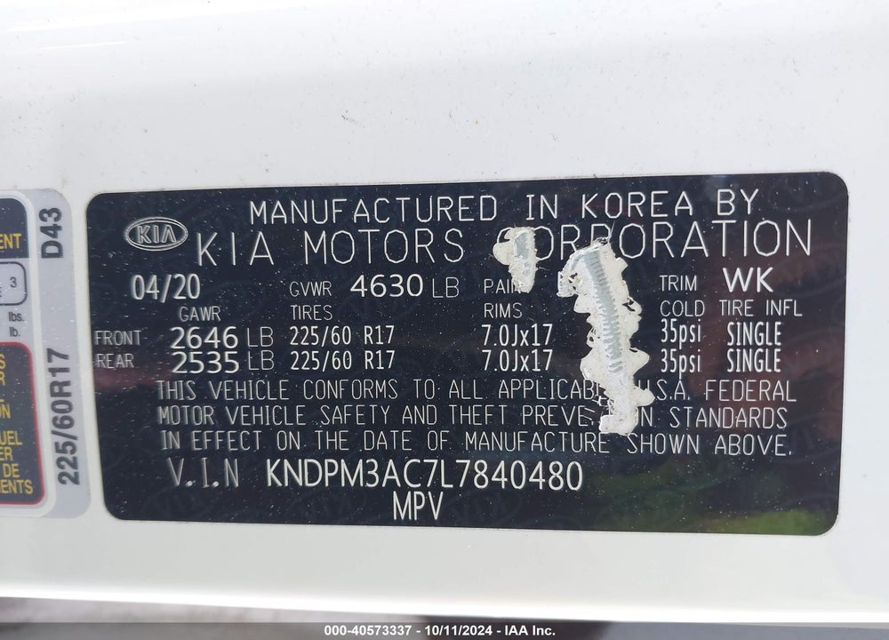 2020 KIA SPORTAGE LX VIN: KNDPM3AC7L7840480