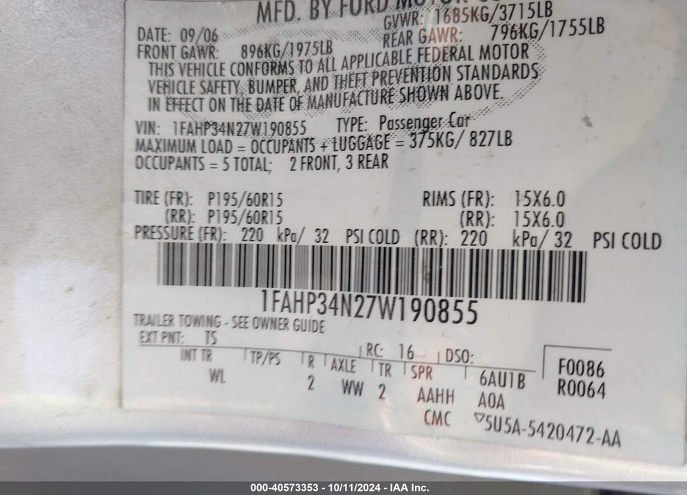 2007 FORD FOCUS S/SE/SES VIN: 1FAHP34N27W190855
