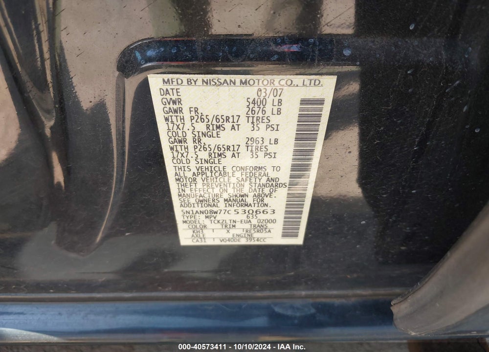 2007 NISSAN XTERRA SE VIN: 5N1AN08W77C530663