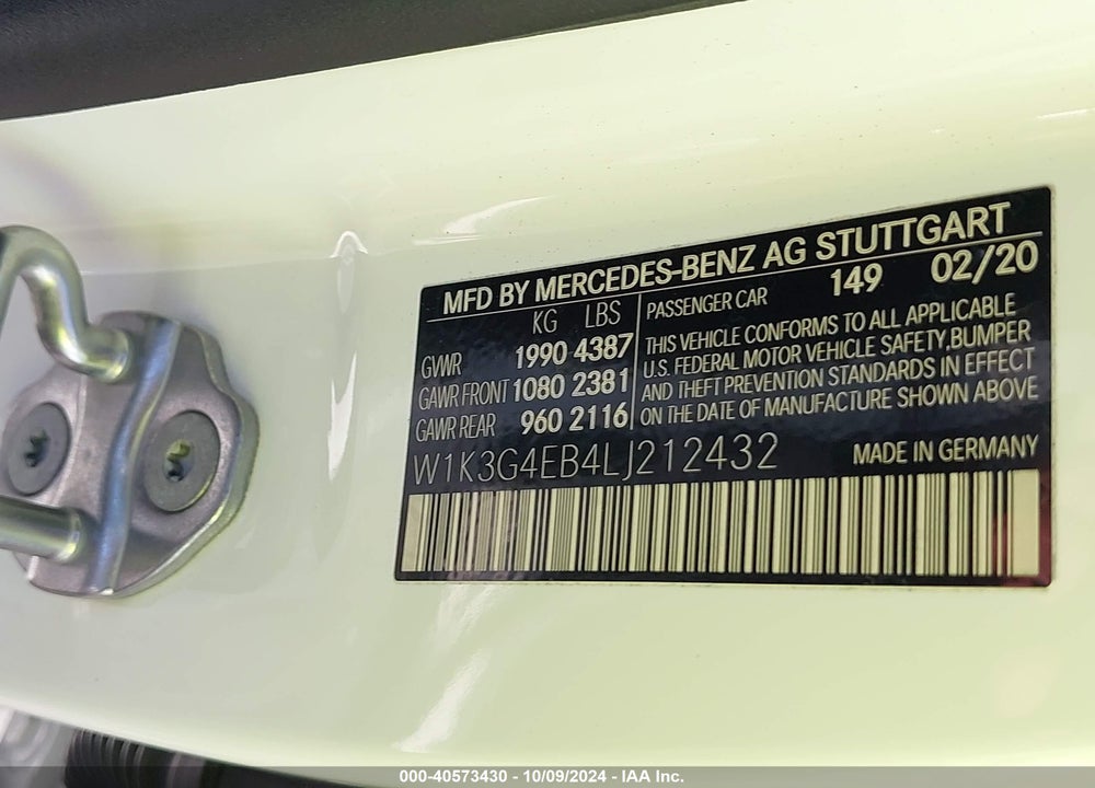 2020 MERCEDES-BENZ A 220 VIN: W1K3G4EB4LJ212432