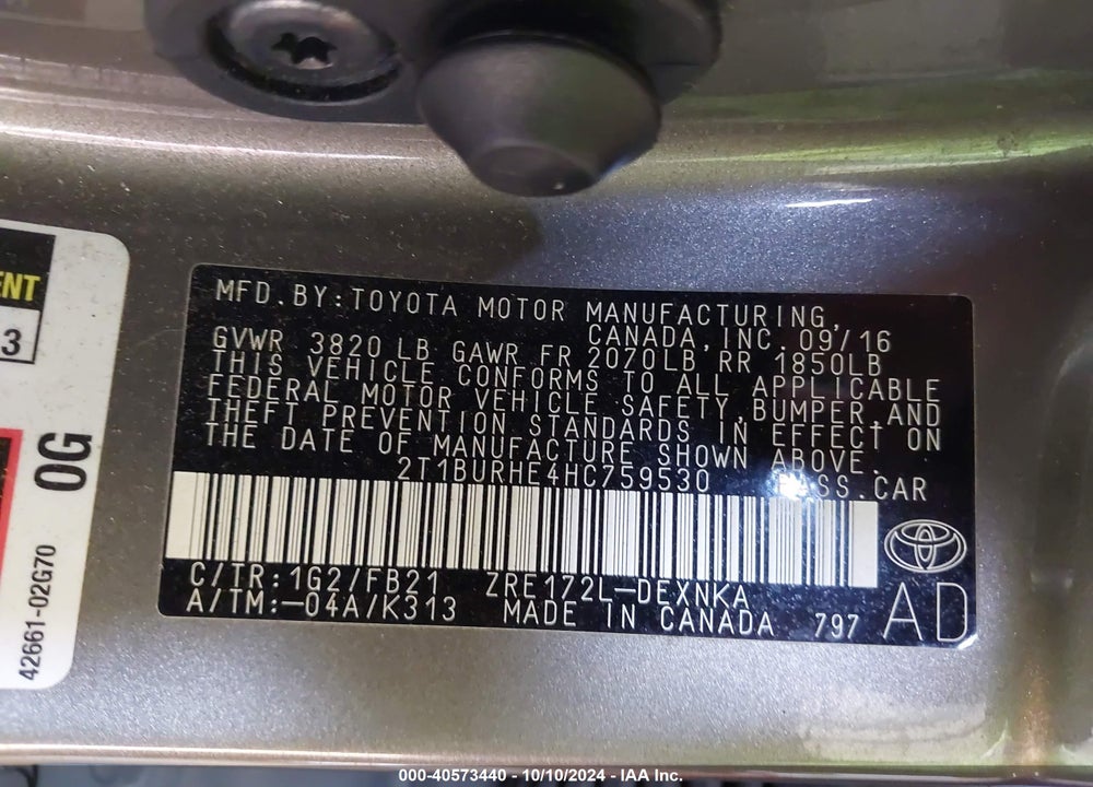 2017 TOYOTA COROLLA LE VIN: 2T1BURHE4HC759530