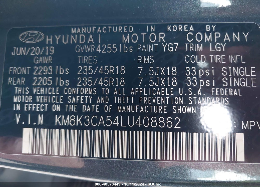 2020 HYUNDAI KONA VIN: KM8K3CA54LU408862