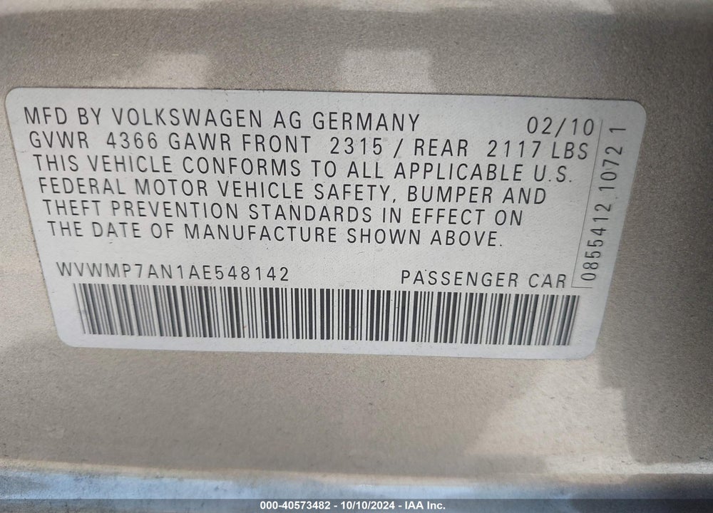 2010 VOLKSWAGEN CC VIN: WVWMP7AN1AE548142