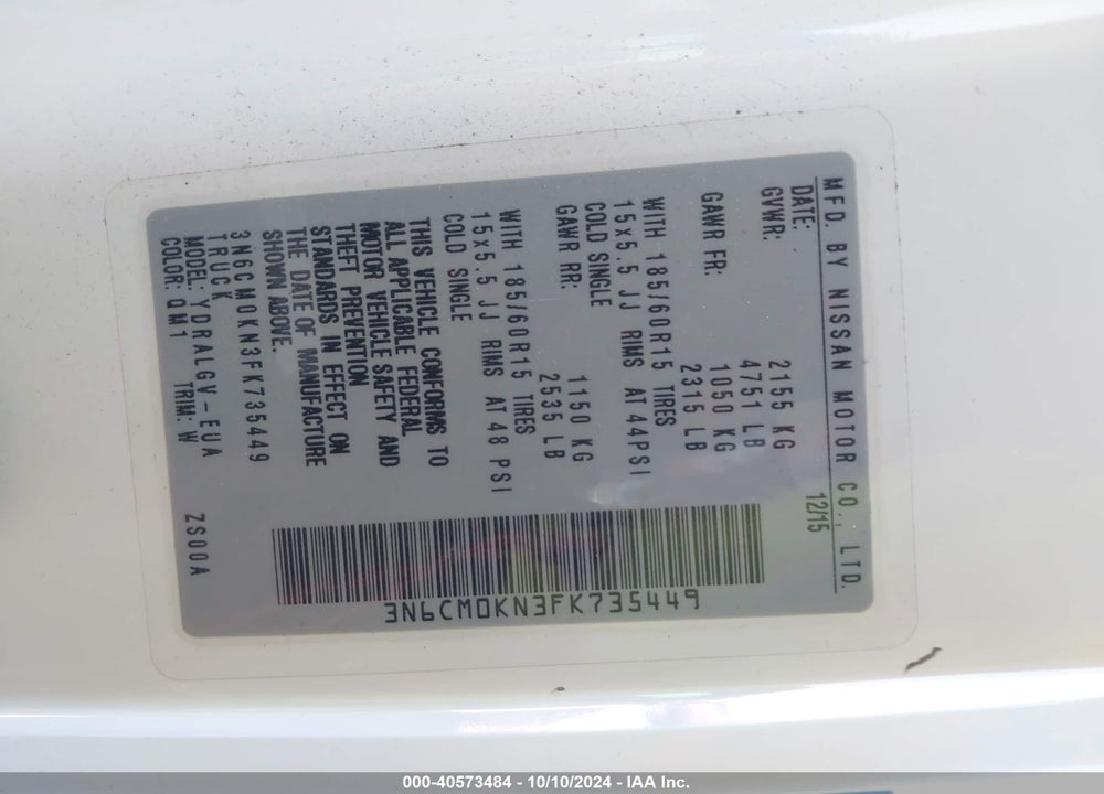 2015 NISSAN NV200 SV VIN: 3N6CM0KN3FK735449