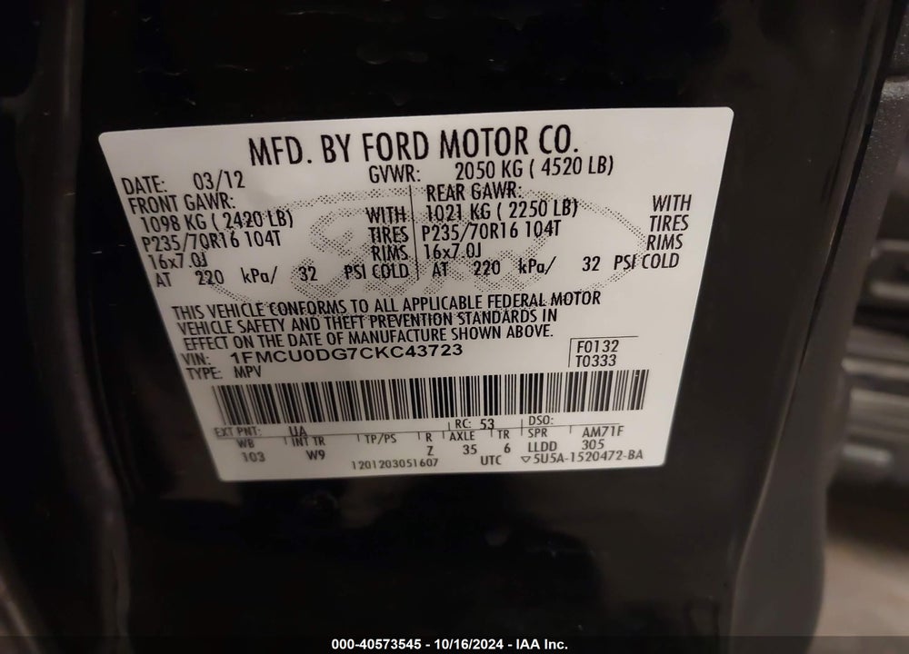 2012 FORD ESCAPE XLT VIN: 1FMCU0DG7CKC43723