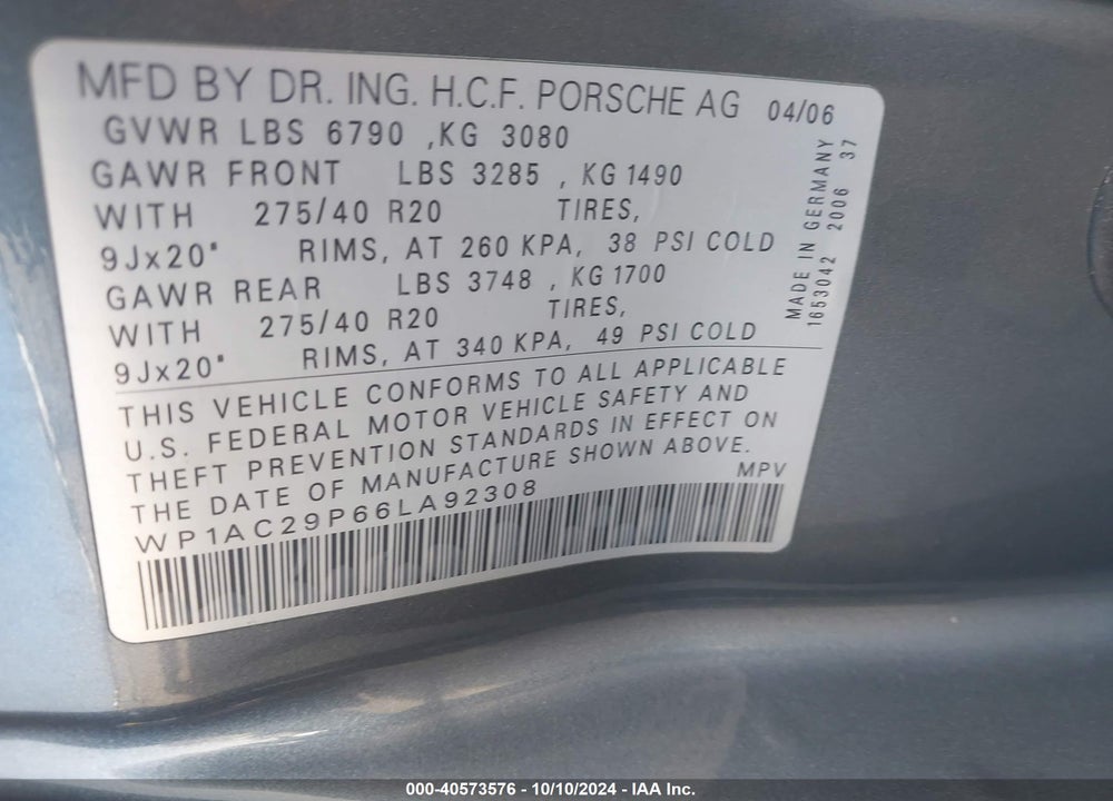 2006 PORSCHE CAYENNE TURBO/TURBO S VIN: WP1AC29P66LA92308