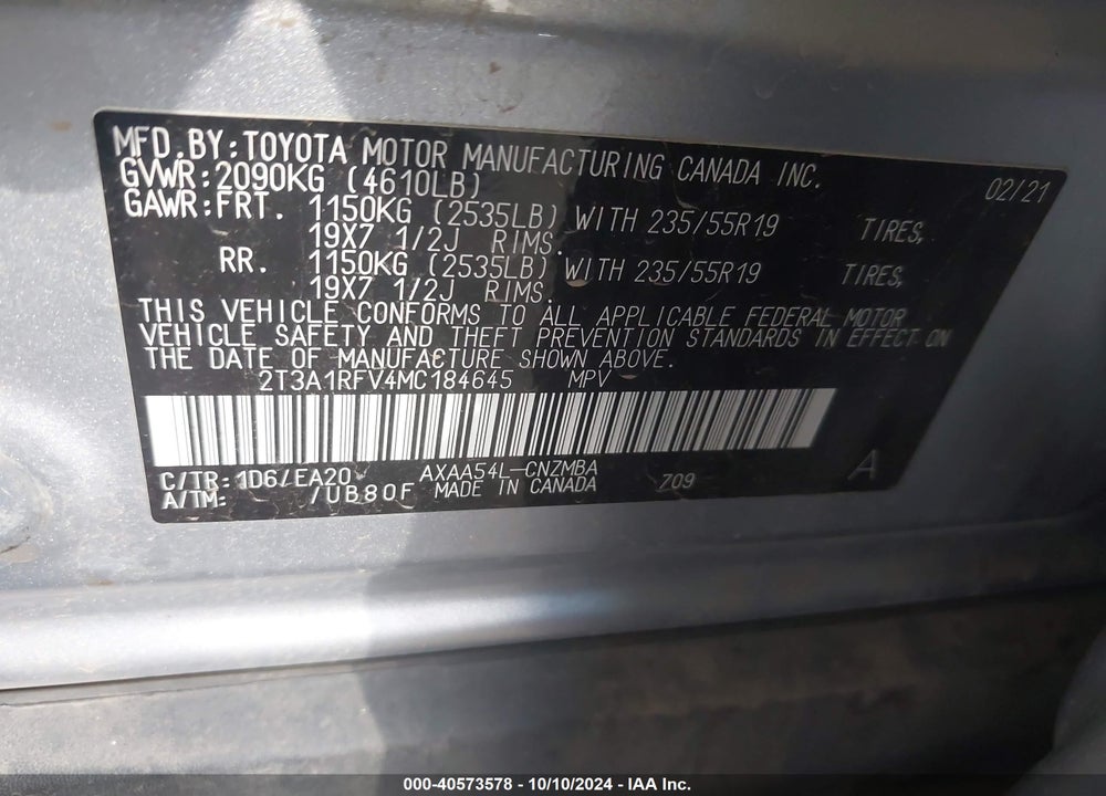 2021 TOYOTA RAV4 XLE PREMIUM VIN: 2T3A1RFV4MC184645