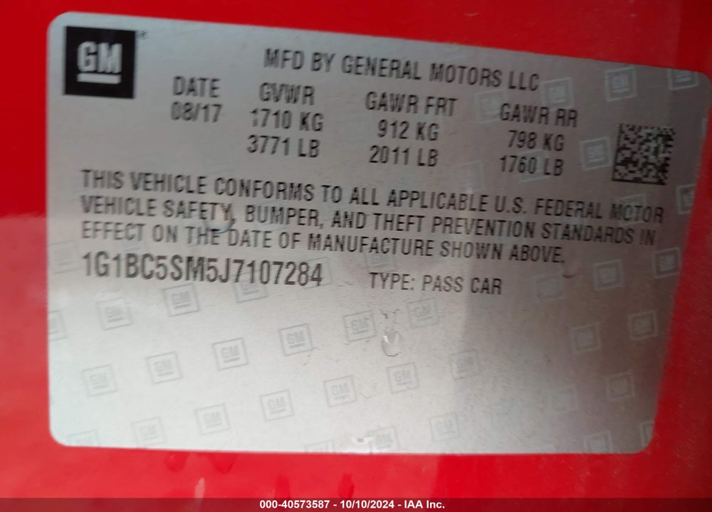 2018 CHEVROLET CRUZE LS AUTO VIN: 1G1BC5SM5J7107284