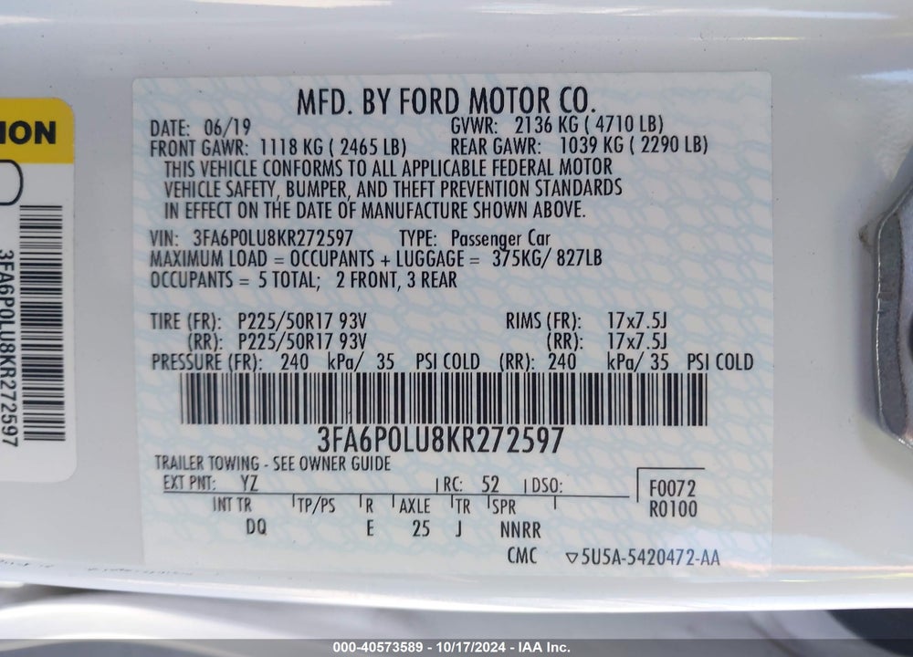 2019 FORD FUSION HYBRID SE VIN: 3FA6P0LU8KR272597