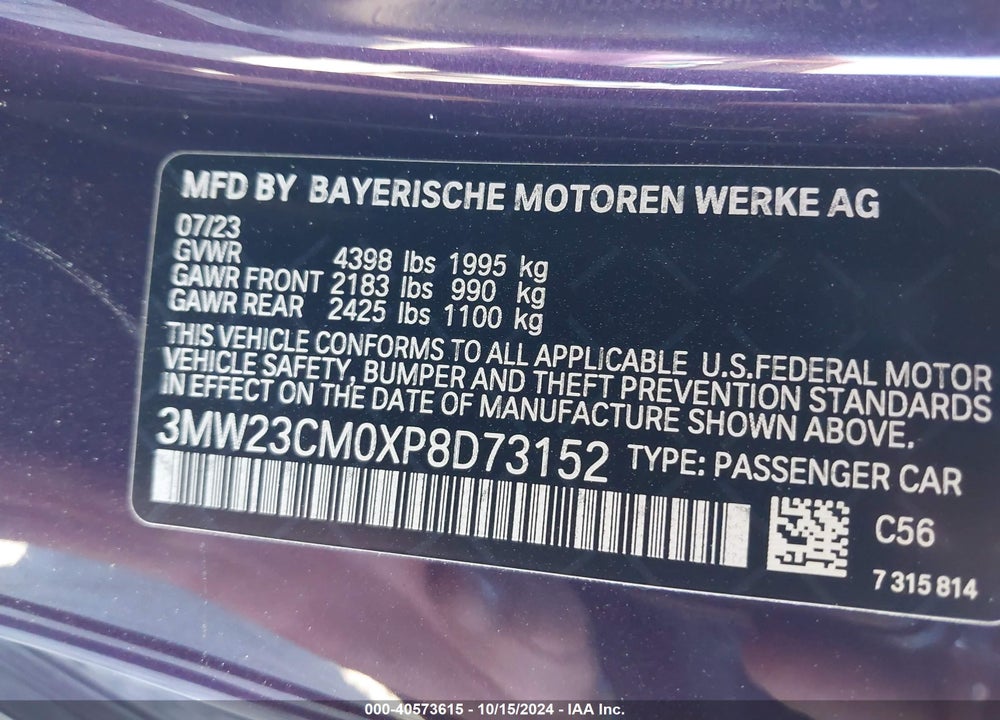2023 BMW 230 I VIN: 3MW23CM0XP8D73152