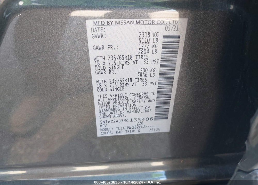 2021 NISSAN MURANO S FWD VIN: 5N1AZ2AJ3MC135406