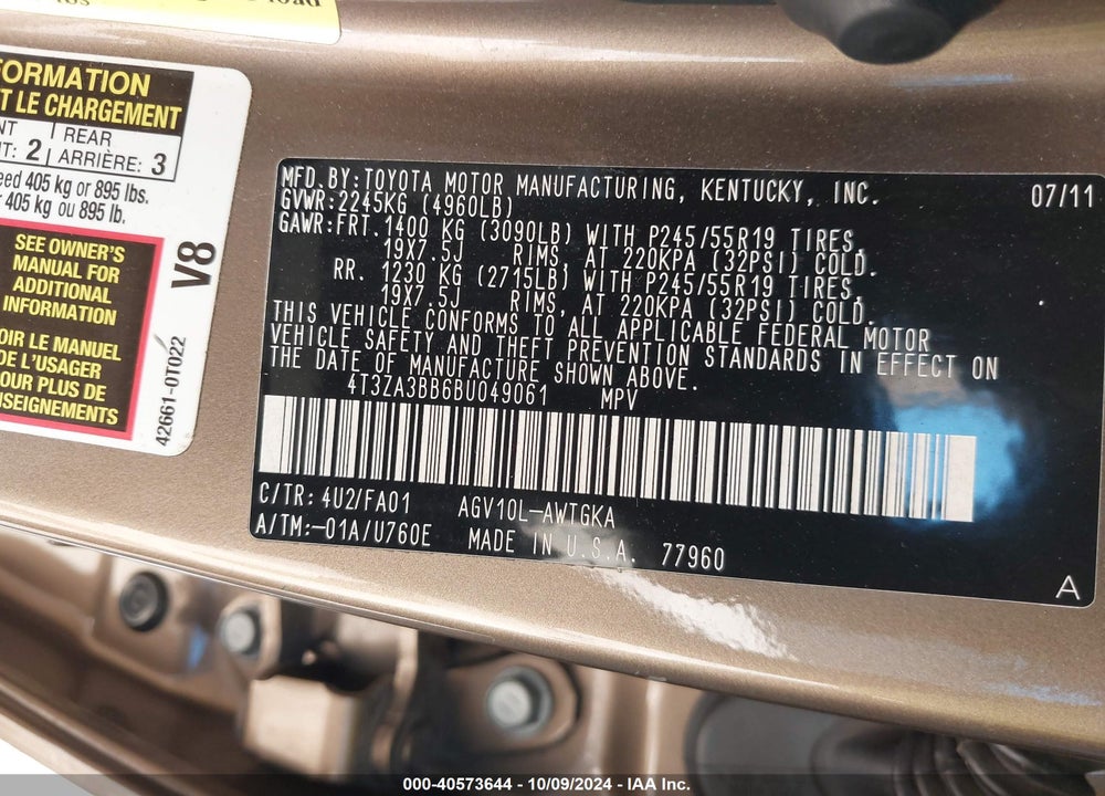 2011 TOYOTA VENZA VIN: 4T3ZA3BB6BU049061