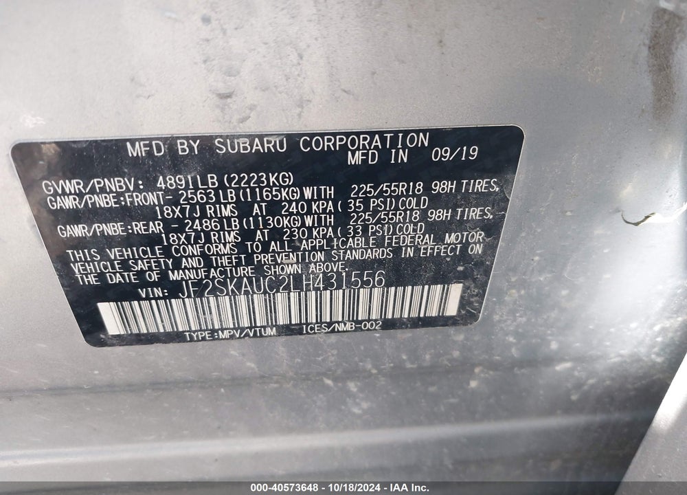 2020 SUBARU FORESTER LIMITED VIN: JF2SKAUC2LH431556