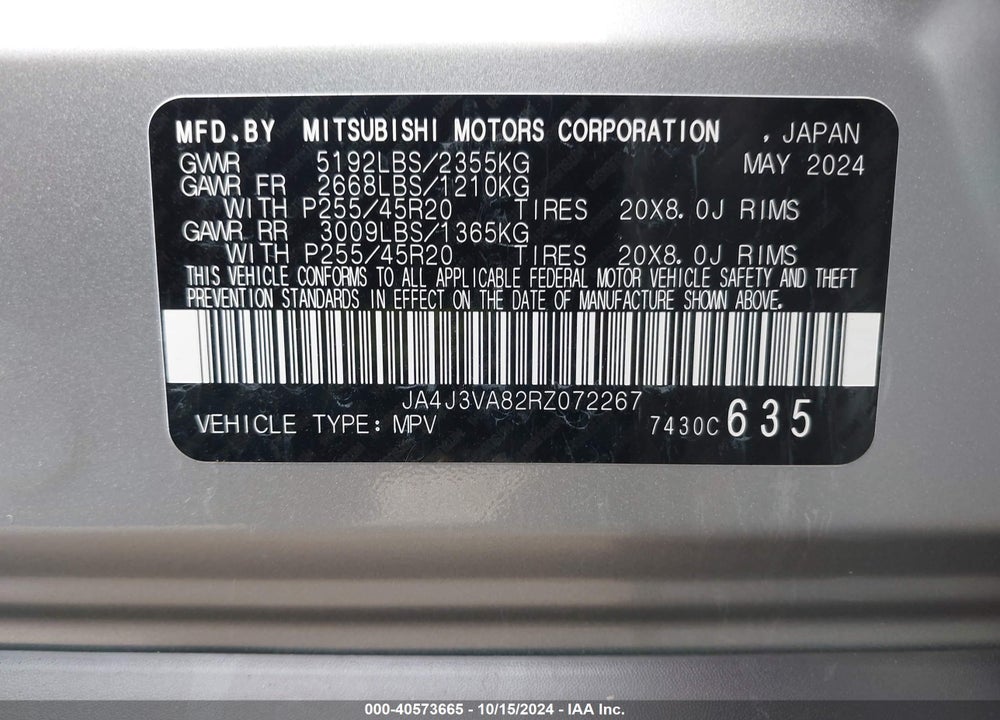 2024 MITSUBISHI OUTLANDER SE 2.5 2WD/SE BLACK EDITION S-AWC/SE BLACK EDITION W/PANO ROOF VIN: JA4J3VA82RZ072267