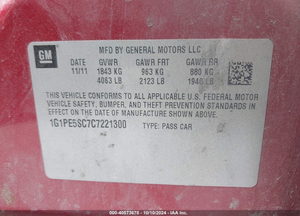 2012 CHEVROLET CRUZE LT VIN: 1G1PE5SC7C7221300