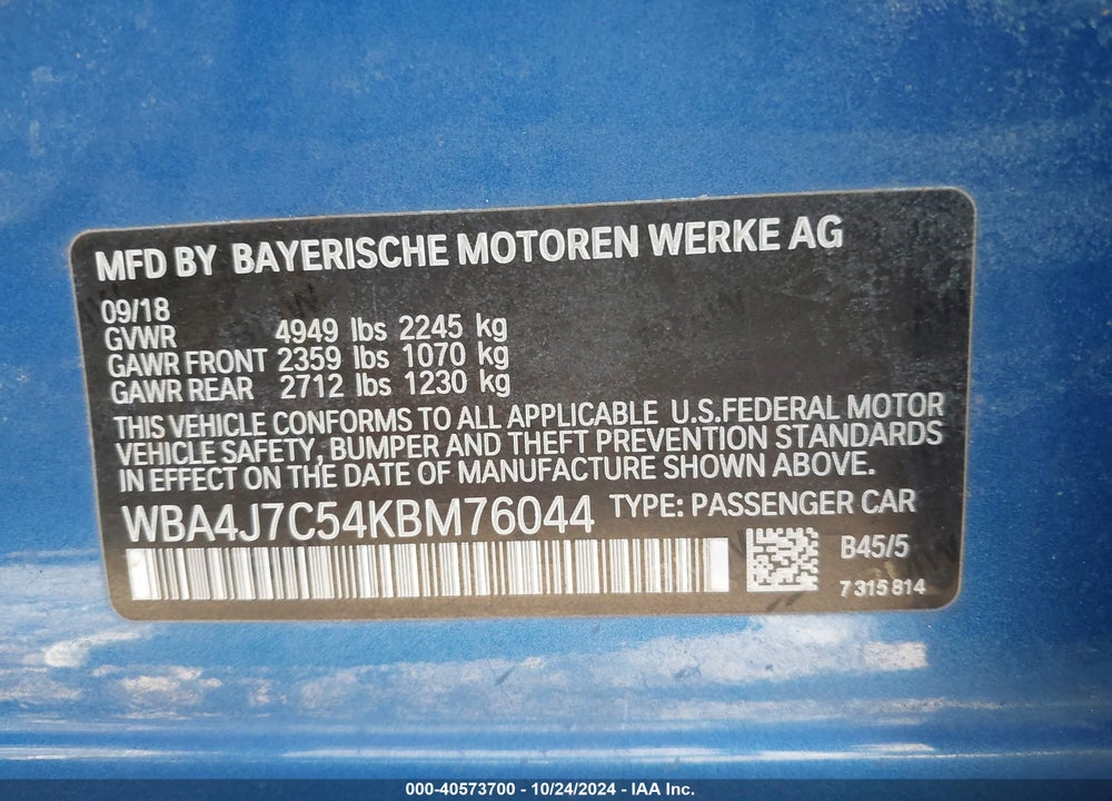 2019 BMW 440I GRAN COUPE XDRIVE VIN: WBA4J7C54KBM76044