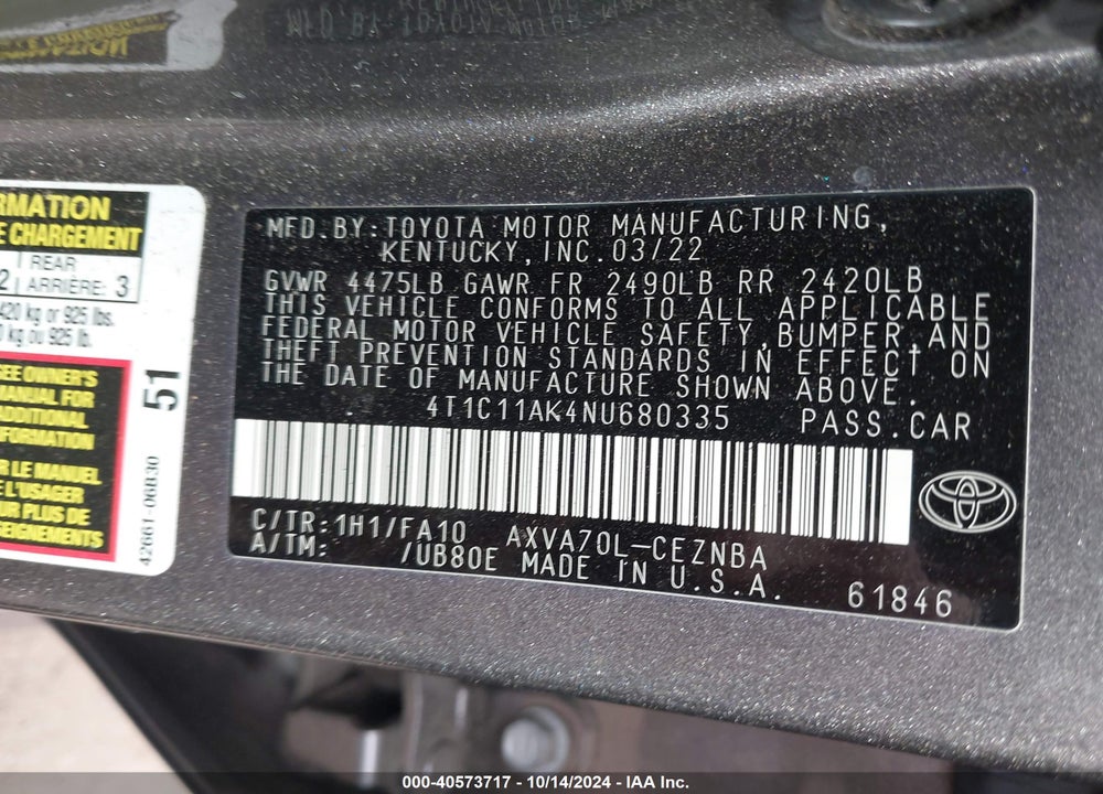 2022 TOYOTA CAMRY LE VIN: 4T1C11AK4NU680335
