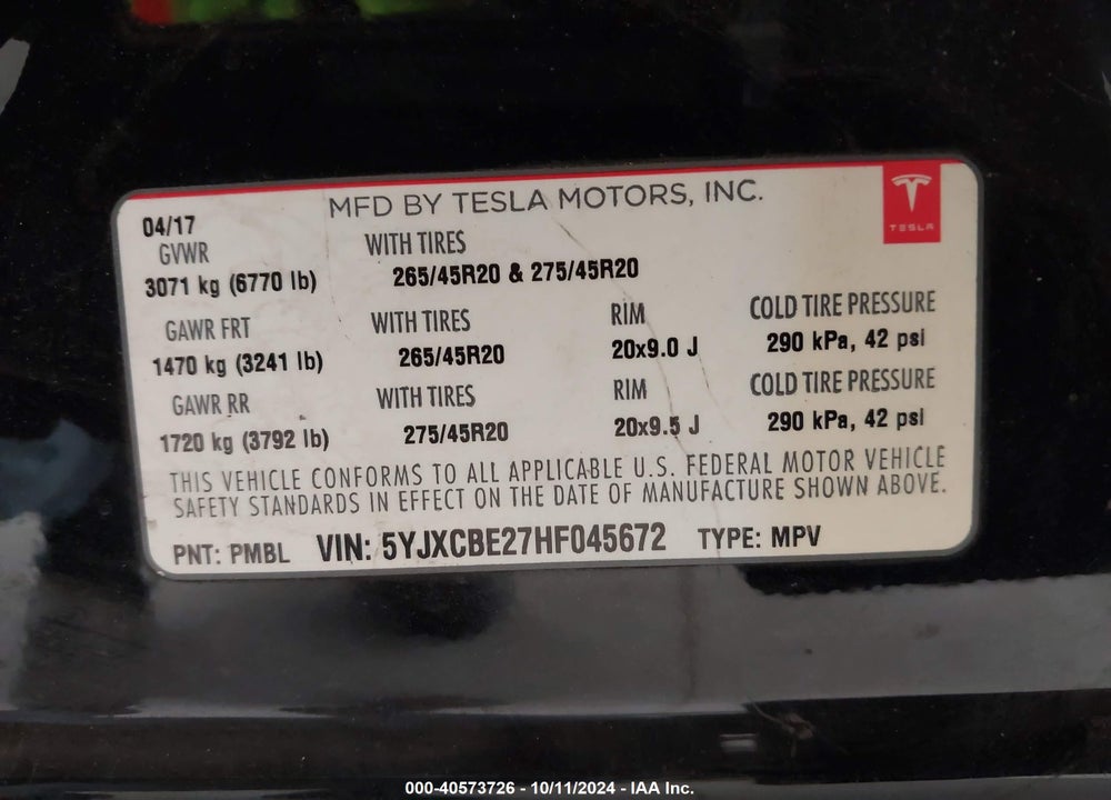 2017 TESLA MODEL X 100D/75D/90D VIN: 5YJXCBE27HF045672
