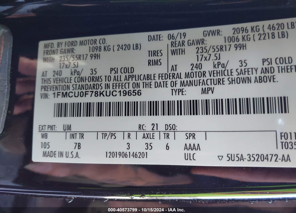 2019 FORD ESCAPE S VIN: 1FMCU0F78KUC19656