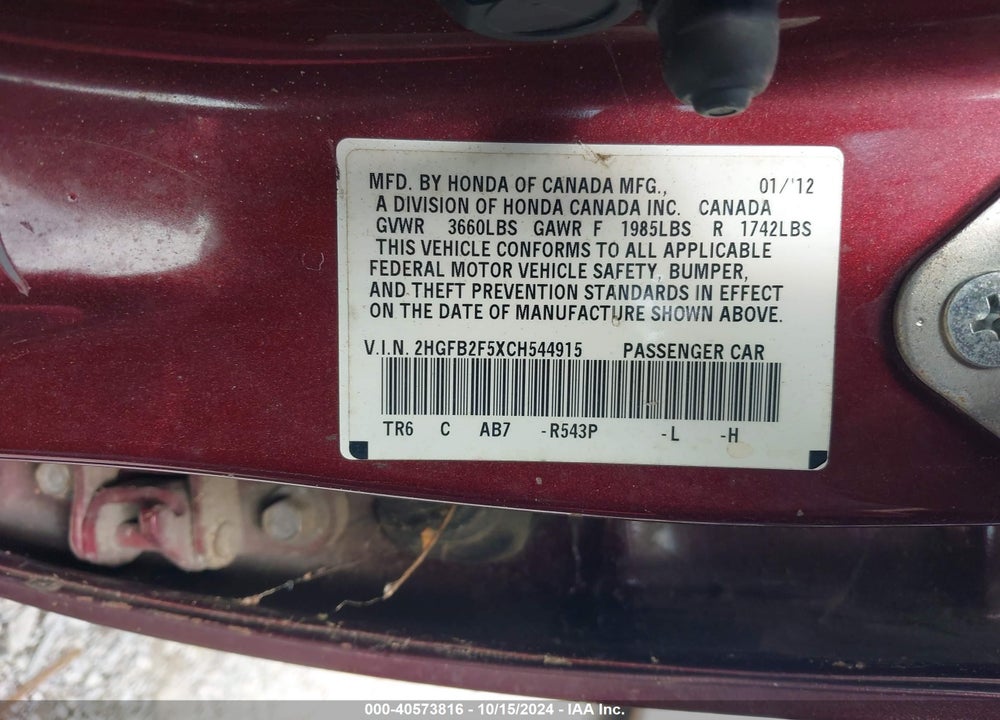 2012 HONDA CIVIC LX VIN: 2HGFB2F5XCH544915