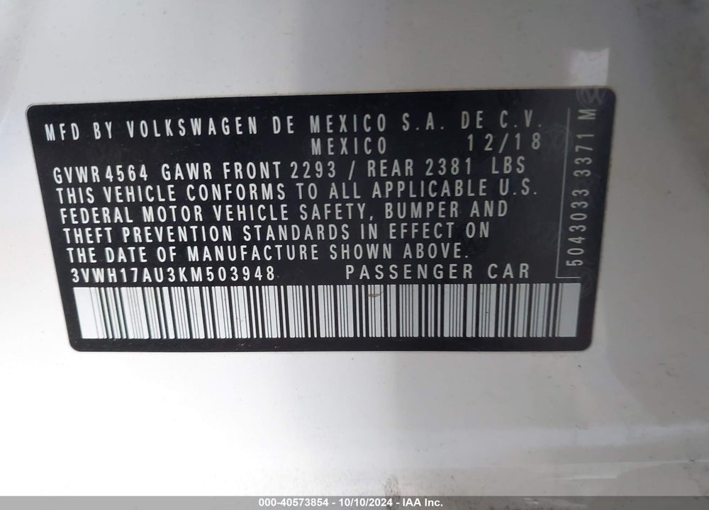 2019 VOLKSWAGEN GOLF ALLTRACK TSI S/TSI SE/TSI SEL VIN: 3VWH17AU3KM503948
