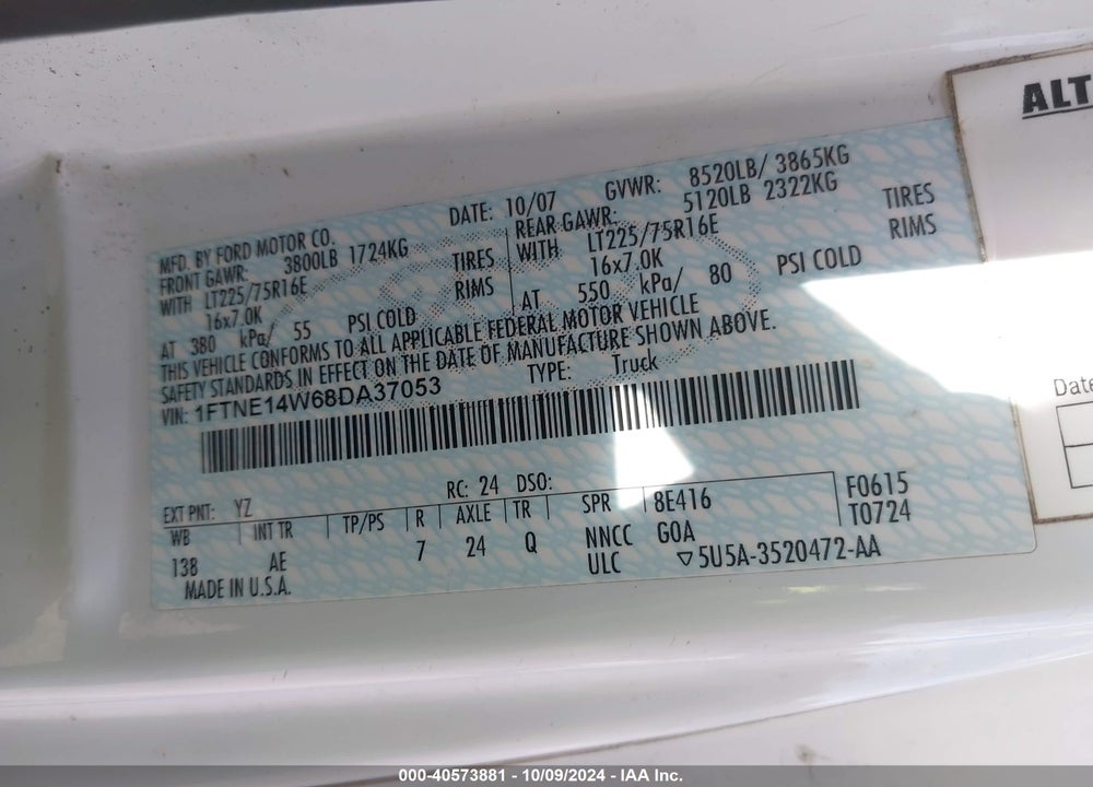 2008 FORD E-150 COMMERCIAL/RECREATIONAL VIN: 1FTNE14W68DA37053