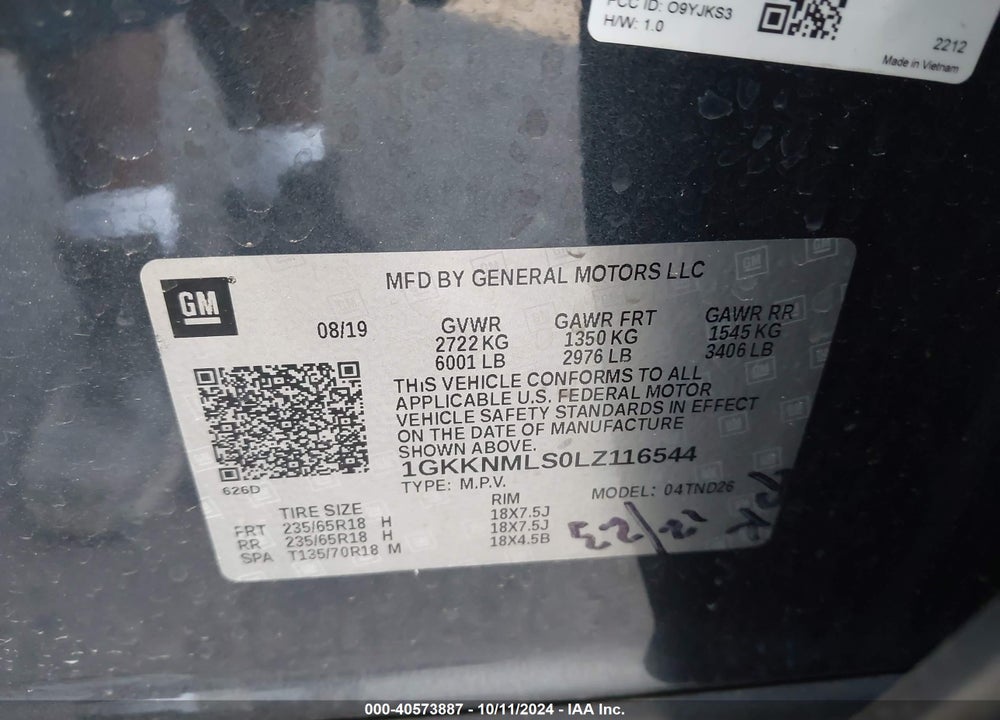 2020 GMC ACADIA FWD SLT VIN: 1GKKNMLS0LZ116544