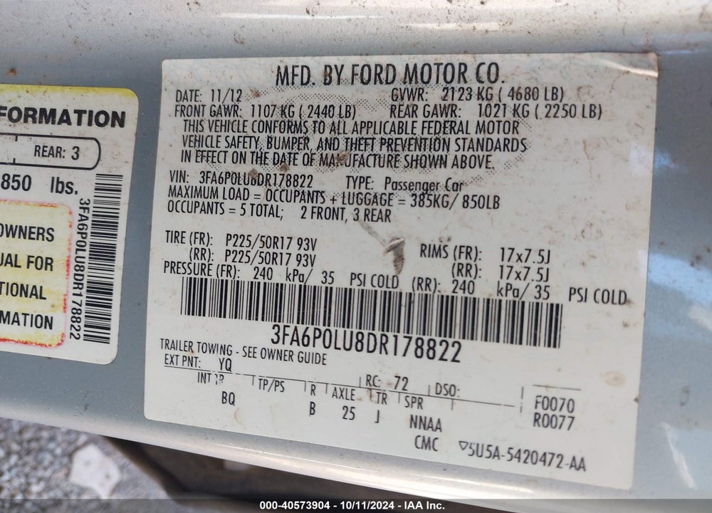 2013 FORD FUSION VIN: 3FA6P0LU8DR178822