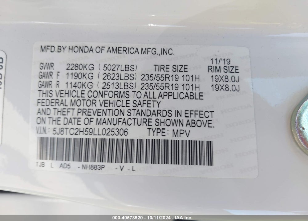 2020 ACURA RDX VIN: 5J8TC2H59LL025306
