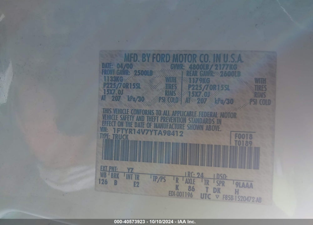 2000 FORD RANGER XL/XLT VIN: 1FTYR14V7YTA98412