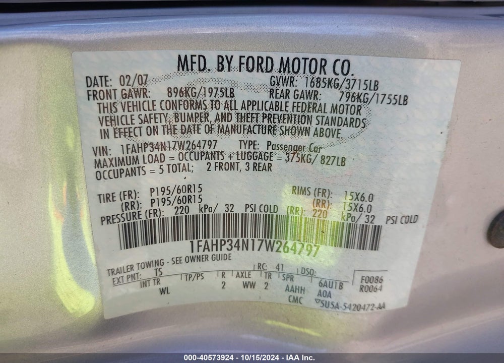 2007 FORD FOCUS S/SE/SES VIN: 1FAHP34N17W264797