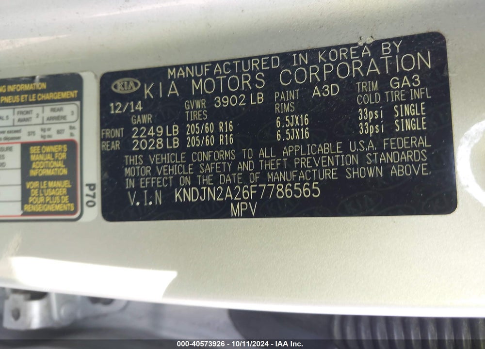 2015 KIA SOUL VIN: KNDJN2A26F7786565