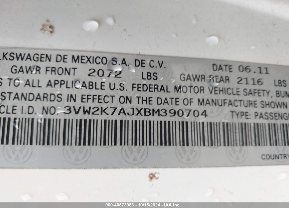 2011 VOLKSWAGEN JETTA 2.0L S VIN: 3VW2K7AJXBM390704