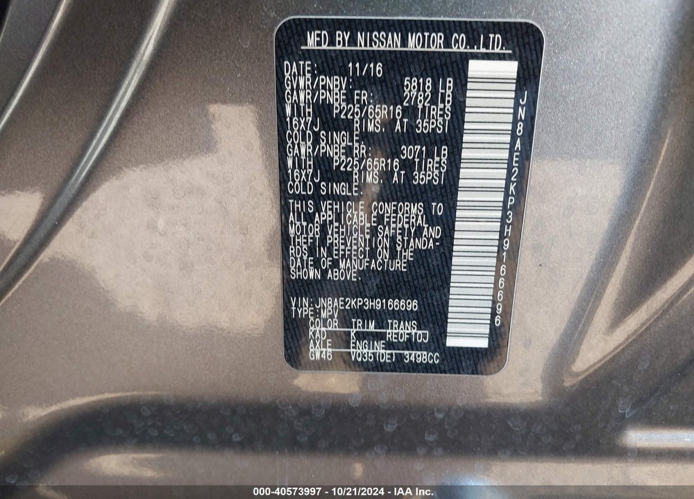 2017 NISSAN QUEST VIN: JN8AE2KP3H9166696