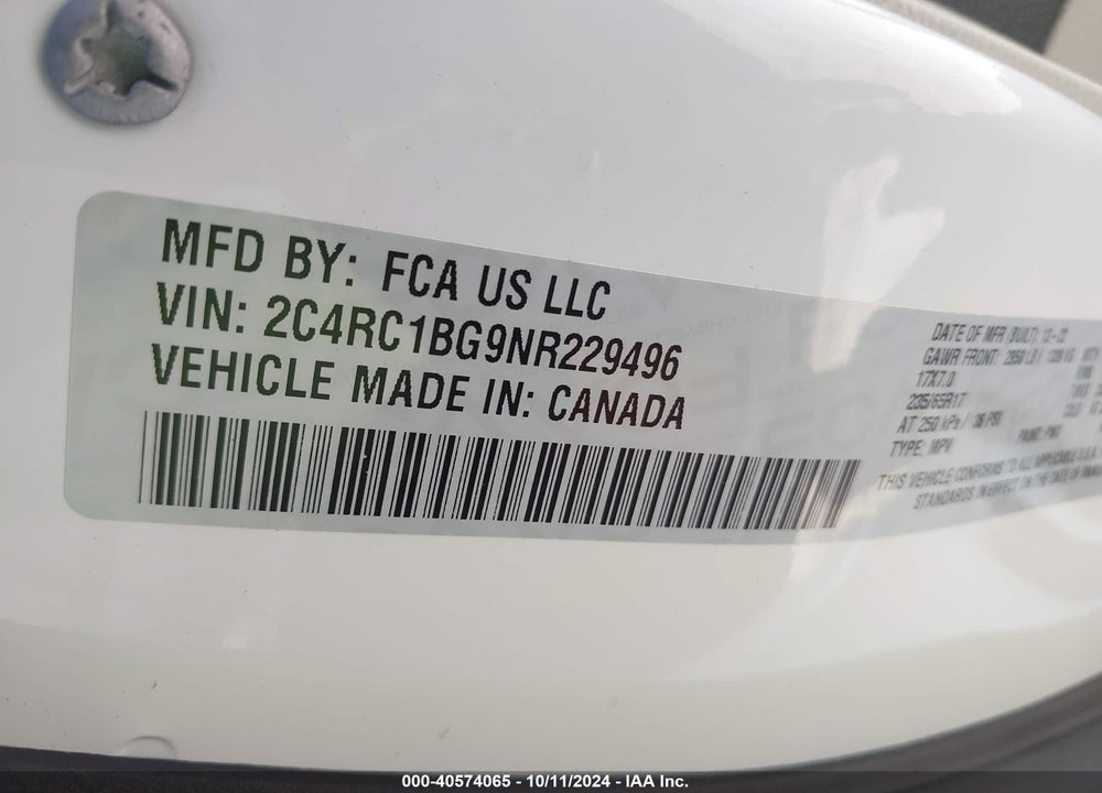 2022 CHRYSLER PACIFICA TOURING L VIN: 2C4RC1BG9NR229496