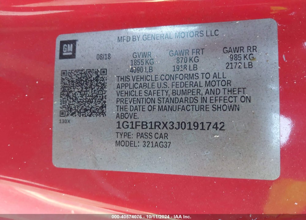 2018 CHEVROLET CAMARO 1LT VIN: 1G1FB1RX3J0191742