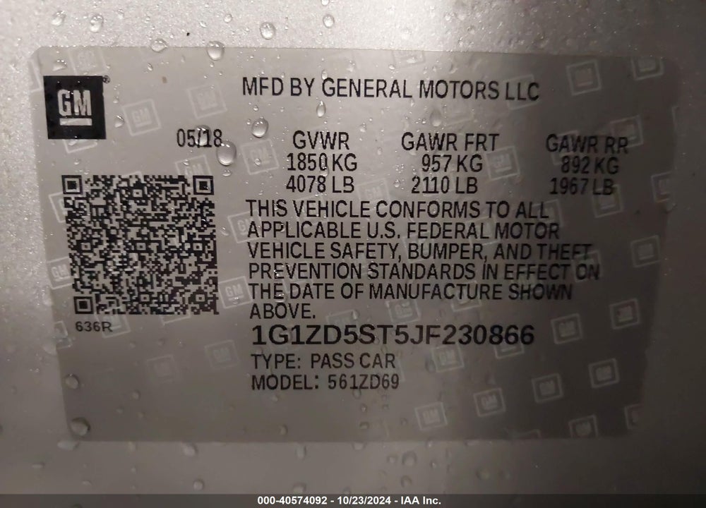 2018 CHEVROLET MALIBU VIN: 1G1ZD5ST5JF230866